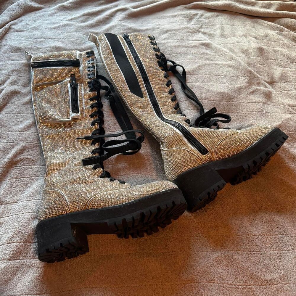 Dollskill Club Exx Bling Brigade Pocket Combat Boots Silver  Size US 7